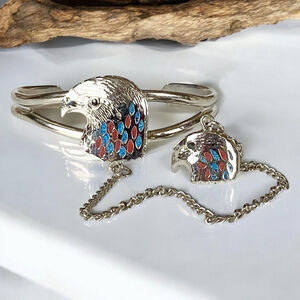 Vintage 80s Native Style Eagle Head Slave Bracelet Ring, Silver Red Turquoise